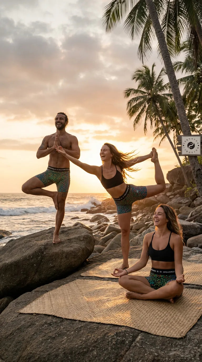 Unisex iSquared Yoga Shorts in vibrant leopard print, worn by models in yoga poses on rocky beach. Sun setting in background.