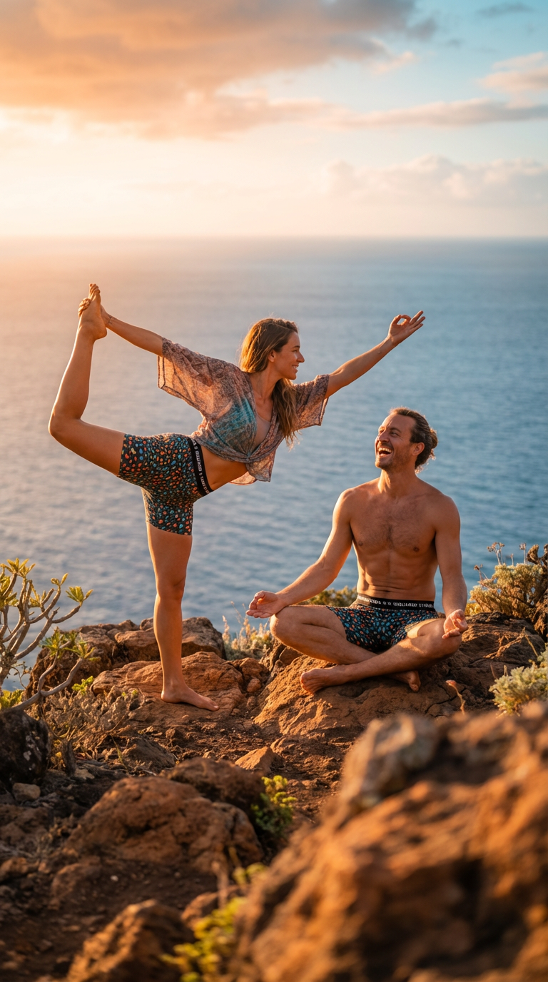 Wild Leopards iSquared Yoga Shorts feature vibrant leopard print in multiple colors. A model performs a yoga pose outdoors, showcasing flexibility. Another model sits cross-legged, smiling beside her.