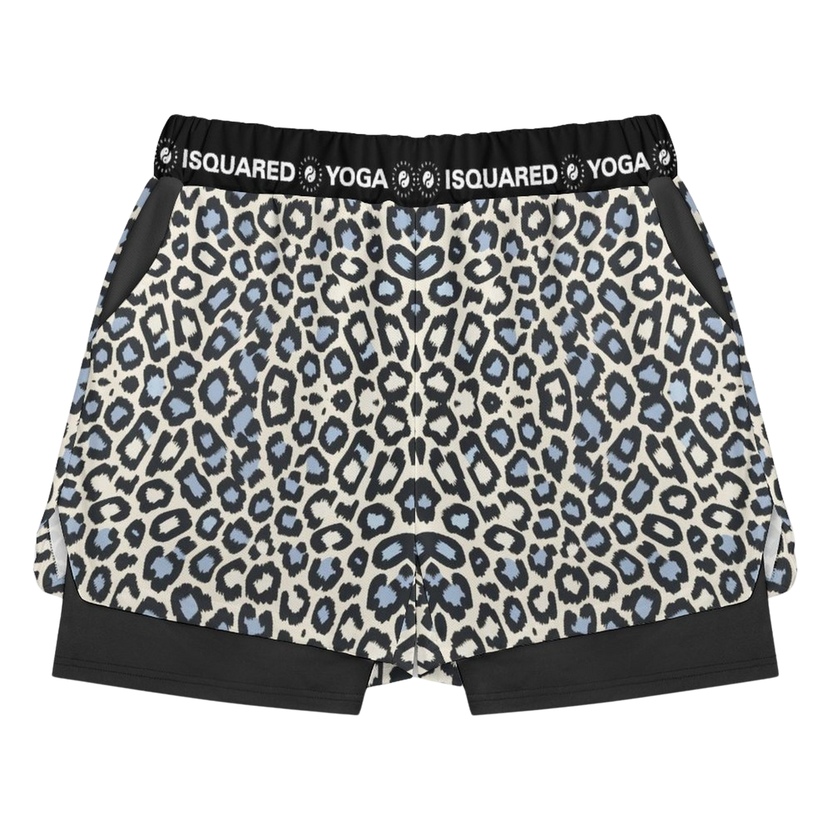 Compression yoga shorts featuring a wild leopard print with blue accents and a black elastic waistband, designed with side pockets.