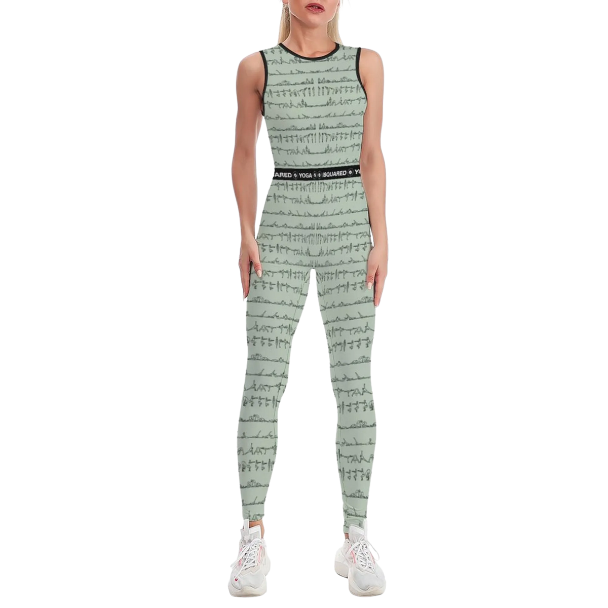 Sleeveless pastel green jumpsuit with subtle pattern, fitted design, and a logo band at the waist, paired with white sneakers.