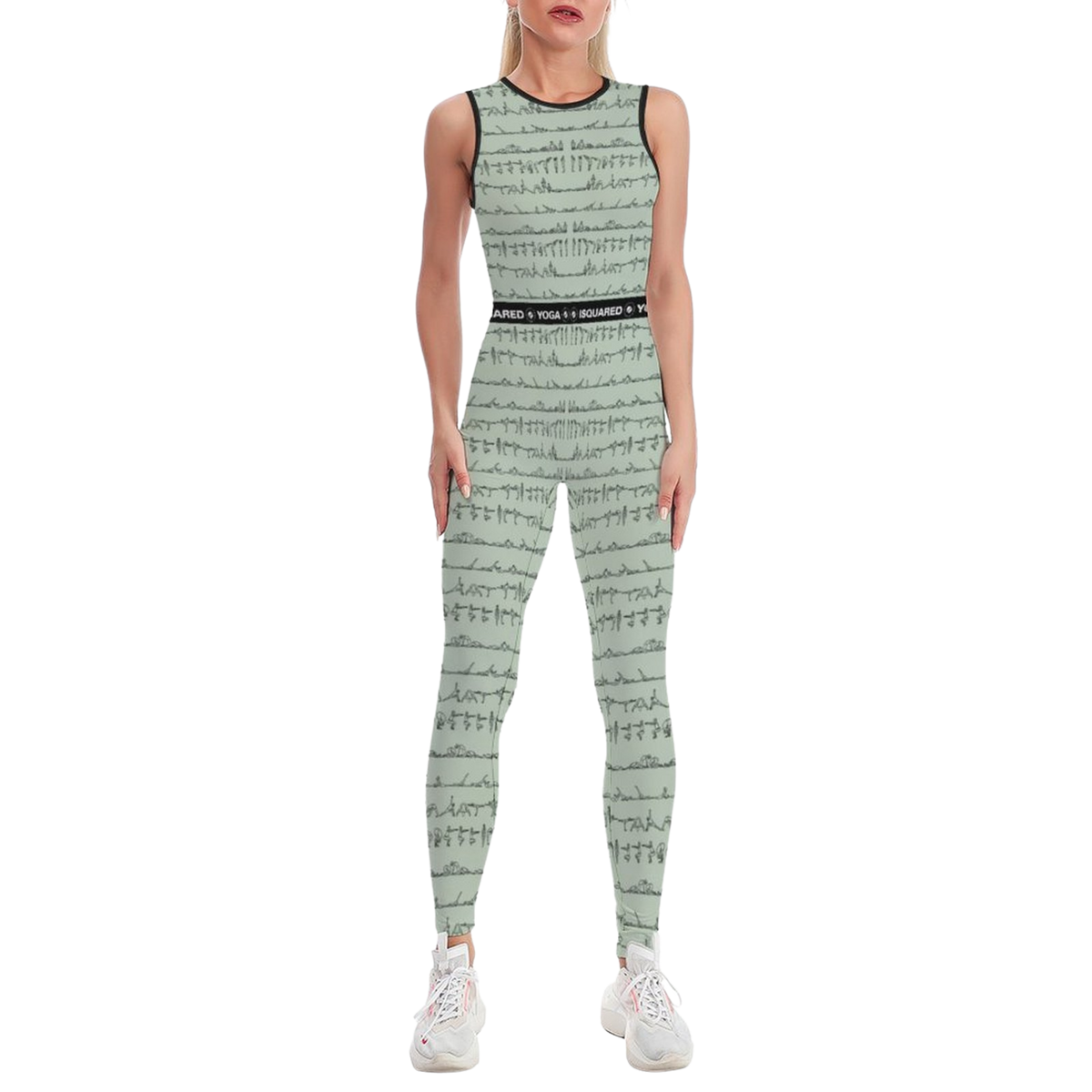 Sleeveless pastel green jumpsuit with subtle pattern, fitted design, and a logo band at the waist, paired with white sneakers.