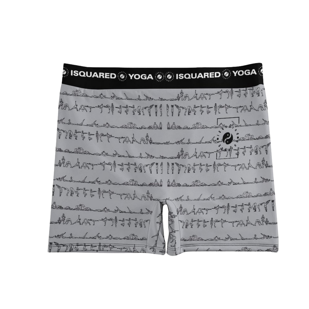 Bikram Pastel iSquared Yoga Shorts in a soft grey color featuring a pattern of black yoga poses and a black waistband.