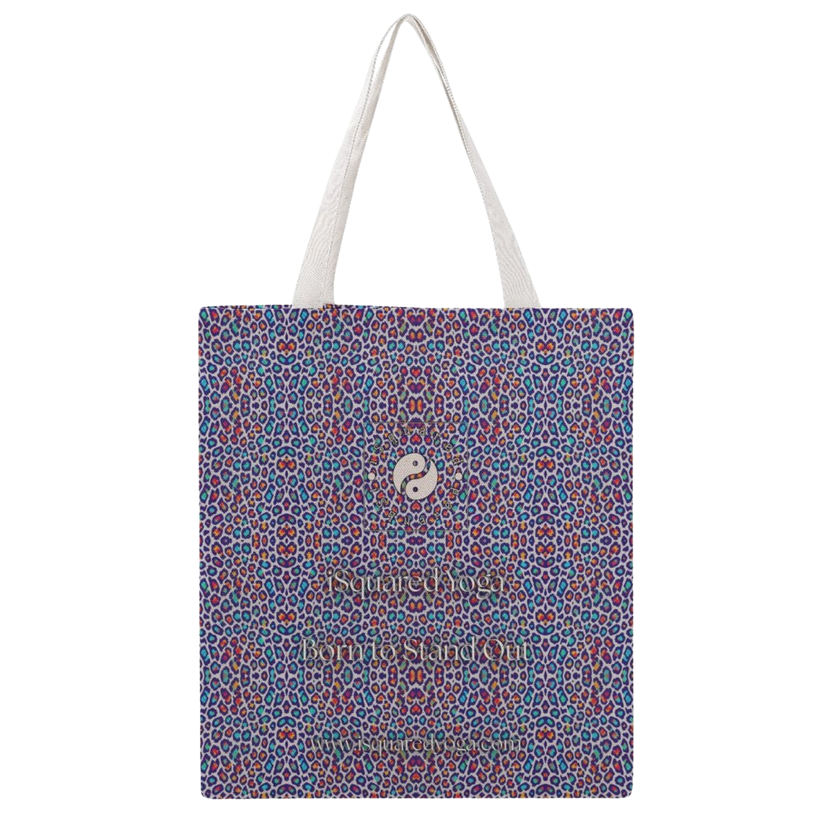 Colorful tote bag featuring a wild leopard print with pink, blue, and purple accents, white shoulder straps, and a central yin-yang design.