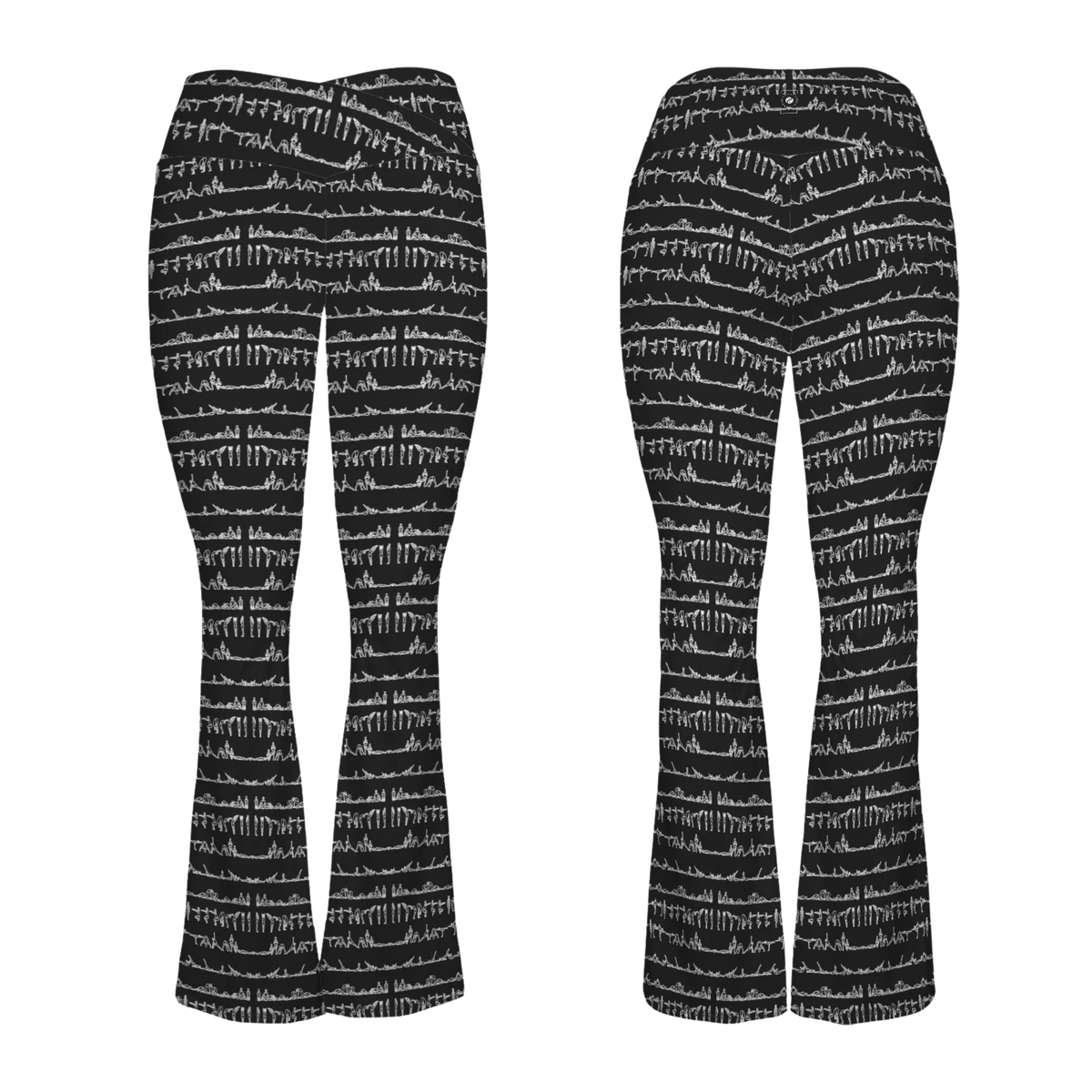 Bikram Ember Cross Waisted Flair Leggings in black, featuring a white abstract pattern and flared silhouette.
