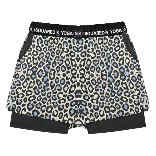 Compression yoga shorts in a wild leopard print featuring black, white, and blue hues with side pockets and a black waistband.