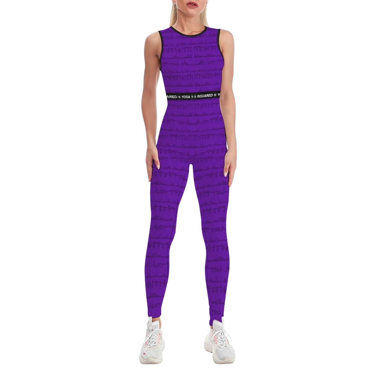 Sleeveless purple jumpsuit featuring artistic prints, highlighting flexibility and a body-contouring fit.