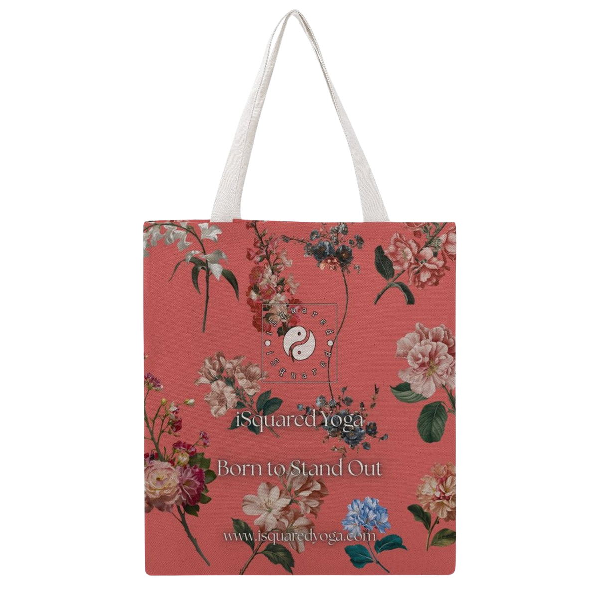 Botanicals iSquared Tote Bag in vibrant coral features floral designs and a logo, with soft white shoulder straps for comfort.