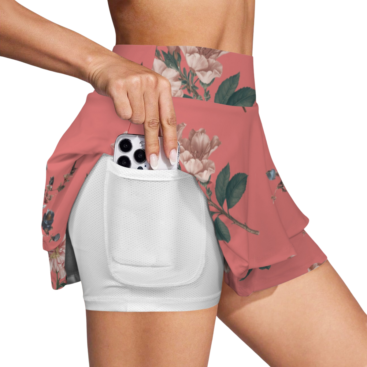 Botanicals iSquared Ruffle Skirt with high waist, layered ruffle hem, and built-in shorts in botanical print