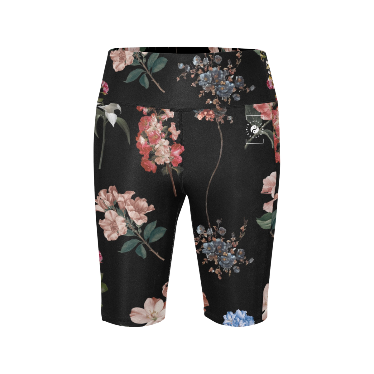 iSquared Maureen Shorts featuring a floral pattern on a black background, high-waisted design, and mid-thigh biker length.