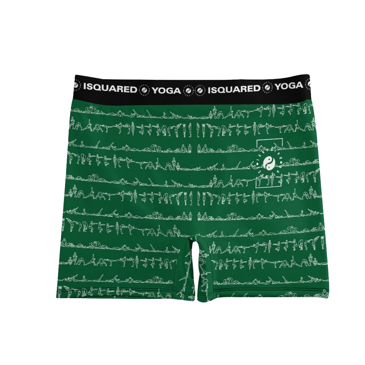 Bikram Ember iSquared Yoga Shorts in green, featuring white yoga pose graphics and a wide black waistband.