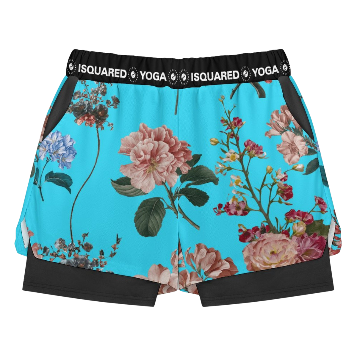 Botanicals Compression Yoga Shorts in vibrant turquoise with floral patterns, featuring a black elastic waistband and side pockets.