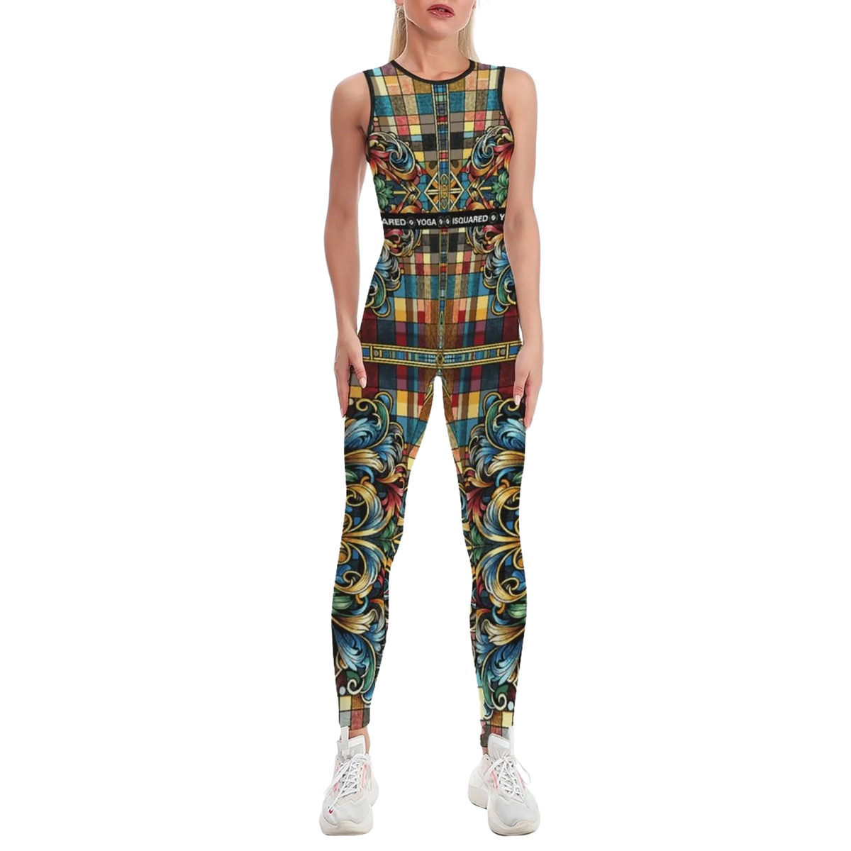 Colorful iSquared Jumpsuit featuring a sleeveless design, intricate patterns, and a body-contouring fit, paired with white sneakers.