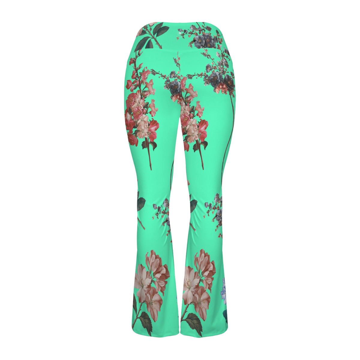 Cross waisted flare leggings in vibrant turquoise with a botanical floral print, featuring a flattering fit and graceful silhouette.