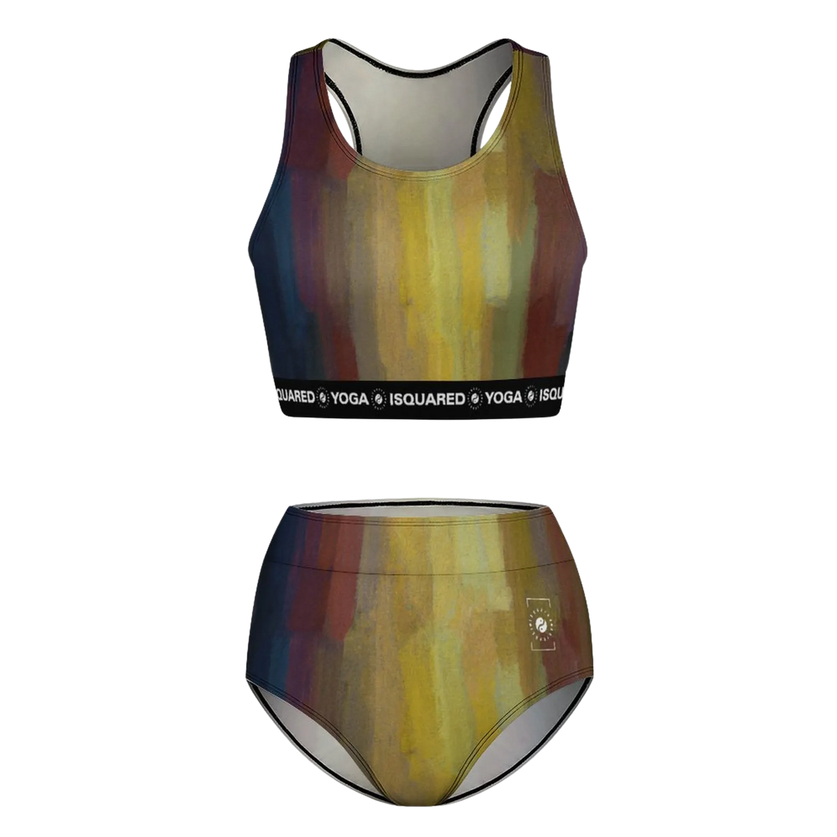 Hot Yoga Bikini Set featuring a vibrant, multi-colored abstract pattern, with a supportive sports bra and high-waisted bikini bottom.