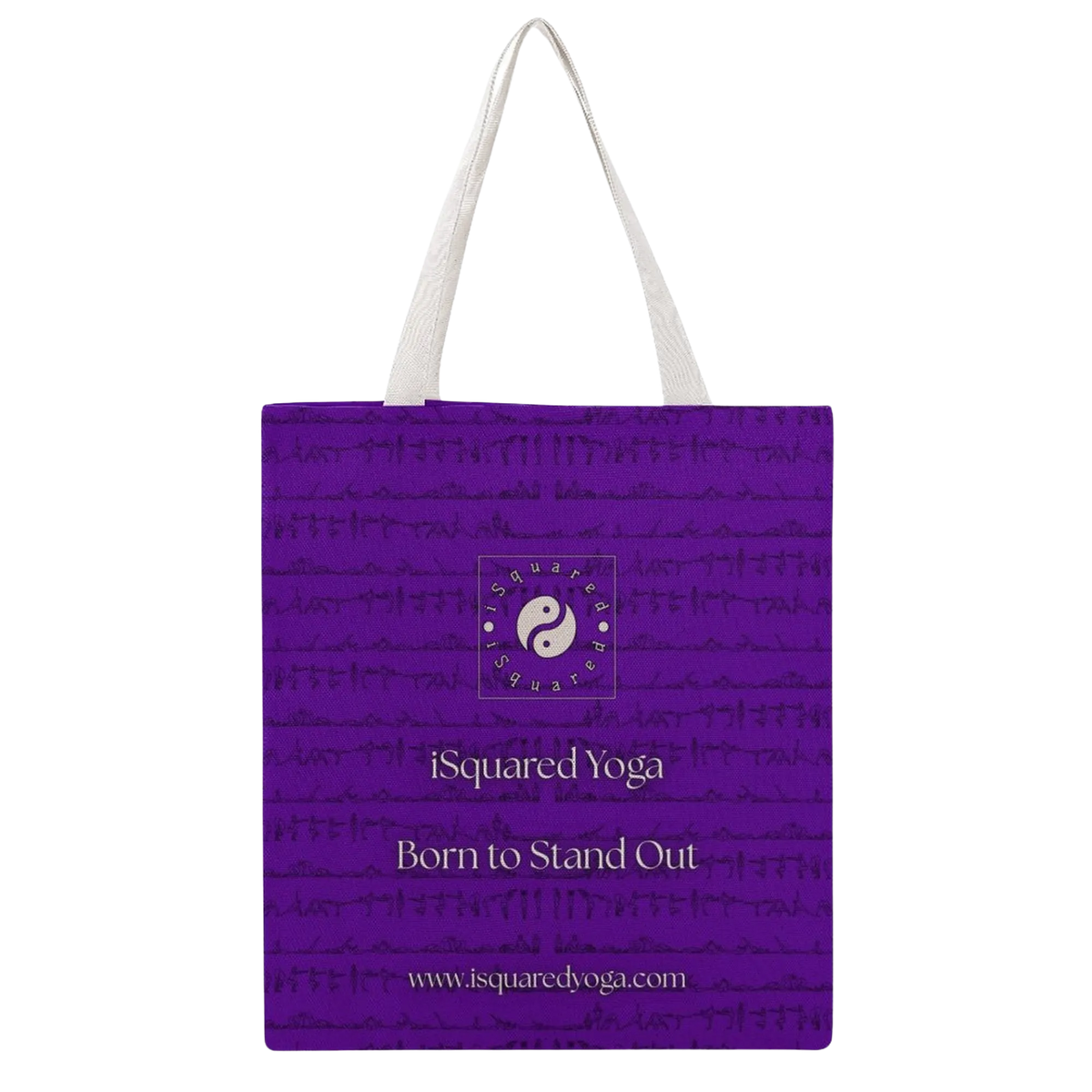 Purple tote bag with a textured pattern, featuring a logo and text from iSquared Yoga, and white shoulder straps.