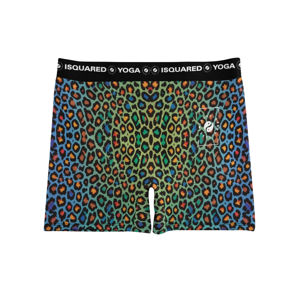 Colorful unisex yoga shorts featuring a vibrant wild leopard print in greens, blues, oranges, and blacks, with a logo detail.