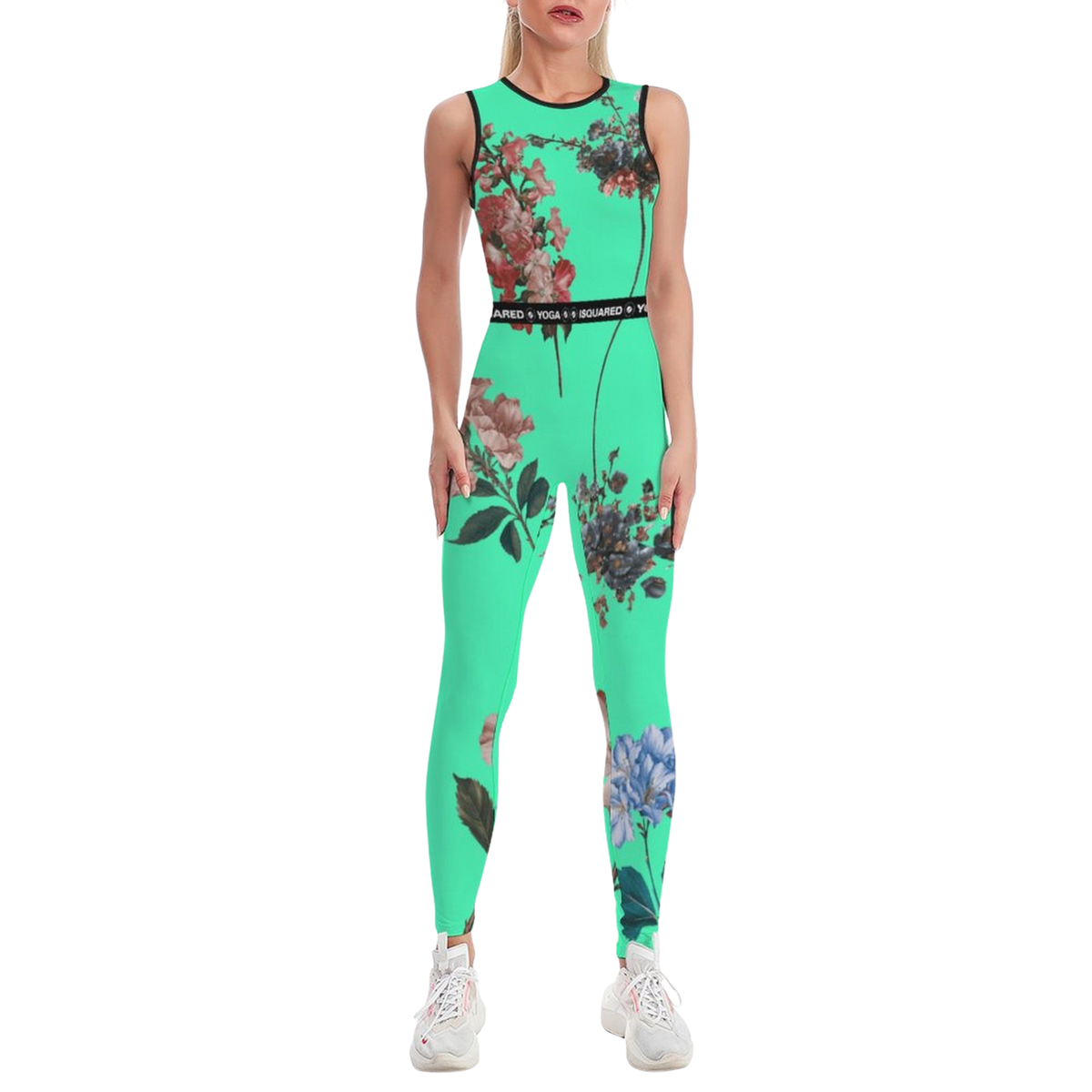 Sleeveless teal jumpsuit featuring vibrant floral prints, moisture-wicking fabric, and a body-contouring silhouette.