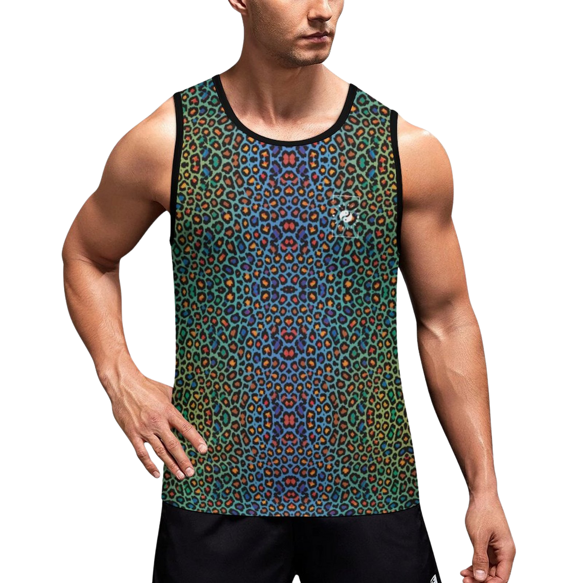 Sleeveless tank top featuring a vibrant multi-colored leopard print with green, blue, and orange hues, tailored fit.