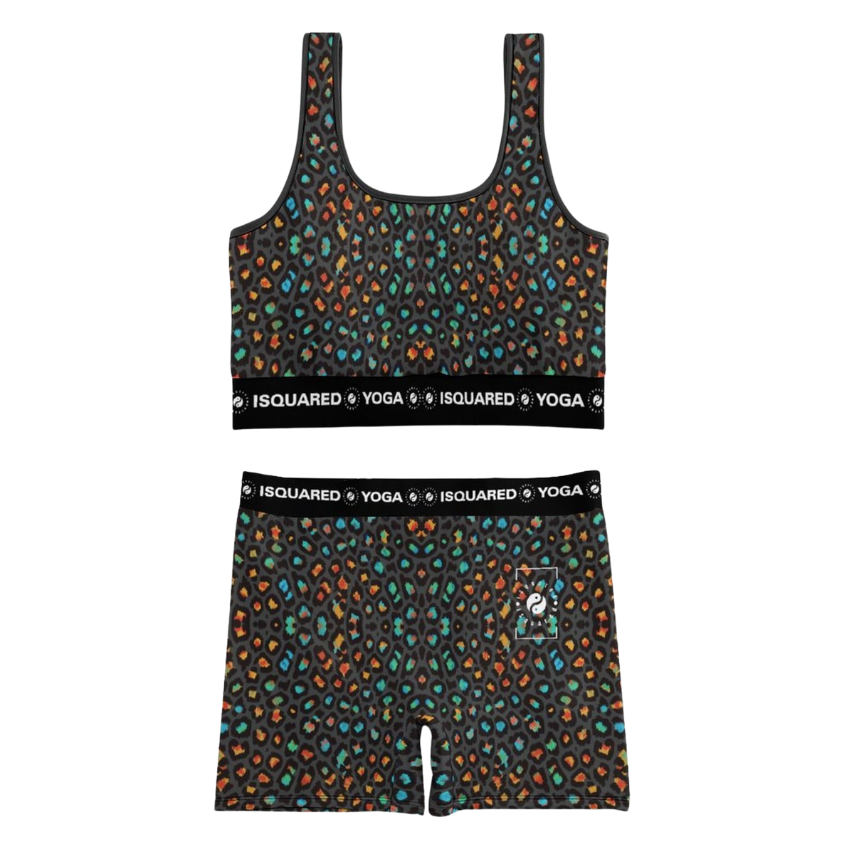 Wild Leopards yoga set featuring a sporty black design with vibrant multicolored leopard spots on a crop top and shorts.