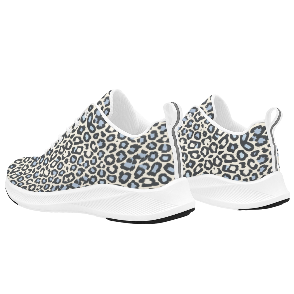 Light blue and black leopard print running shoes with a white sole and soft lining. Ideal for casual wear.