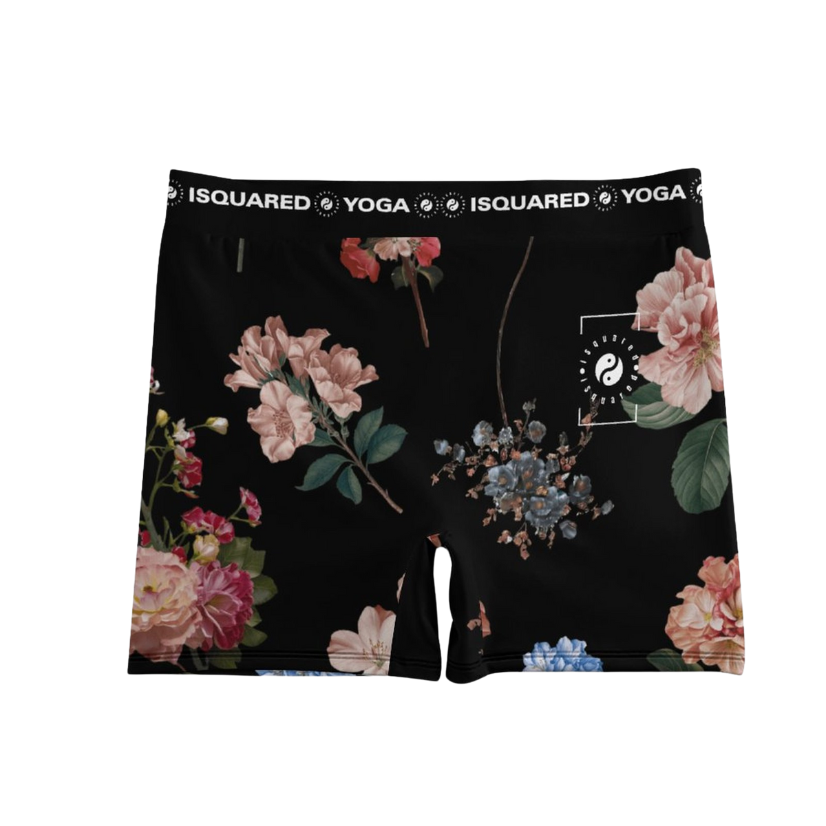 Black yoga shorts featuring a vibrant floral print, with a wide elastic waistband that displays the brand logo.
