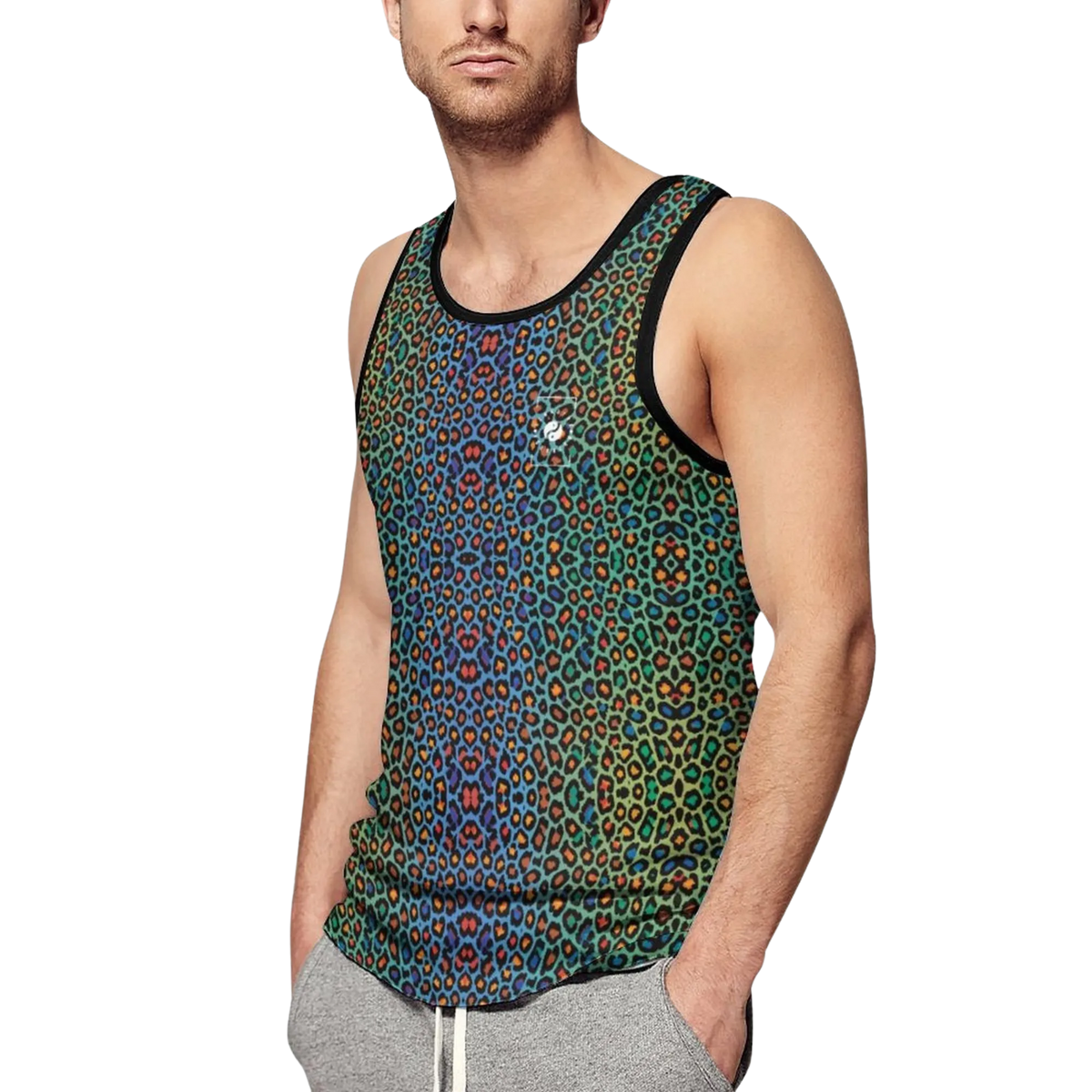 Sleeveless iSquared Tank Top featuring a vibrant Wild Leopards print in greens, blues, oranges, and blacks, styled with gray joggers.