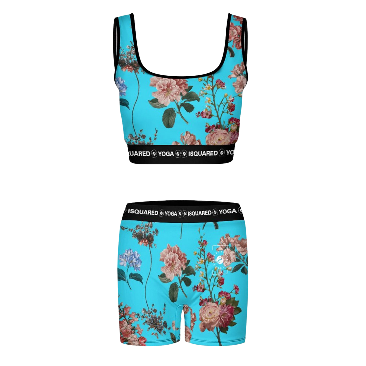 Botanicals iSquared Yoga Set featuring a bright turquoise background with floral prints in pinks and greens, includes a cropped top and shorts.