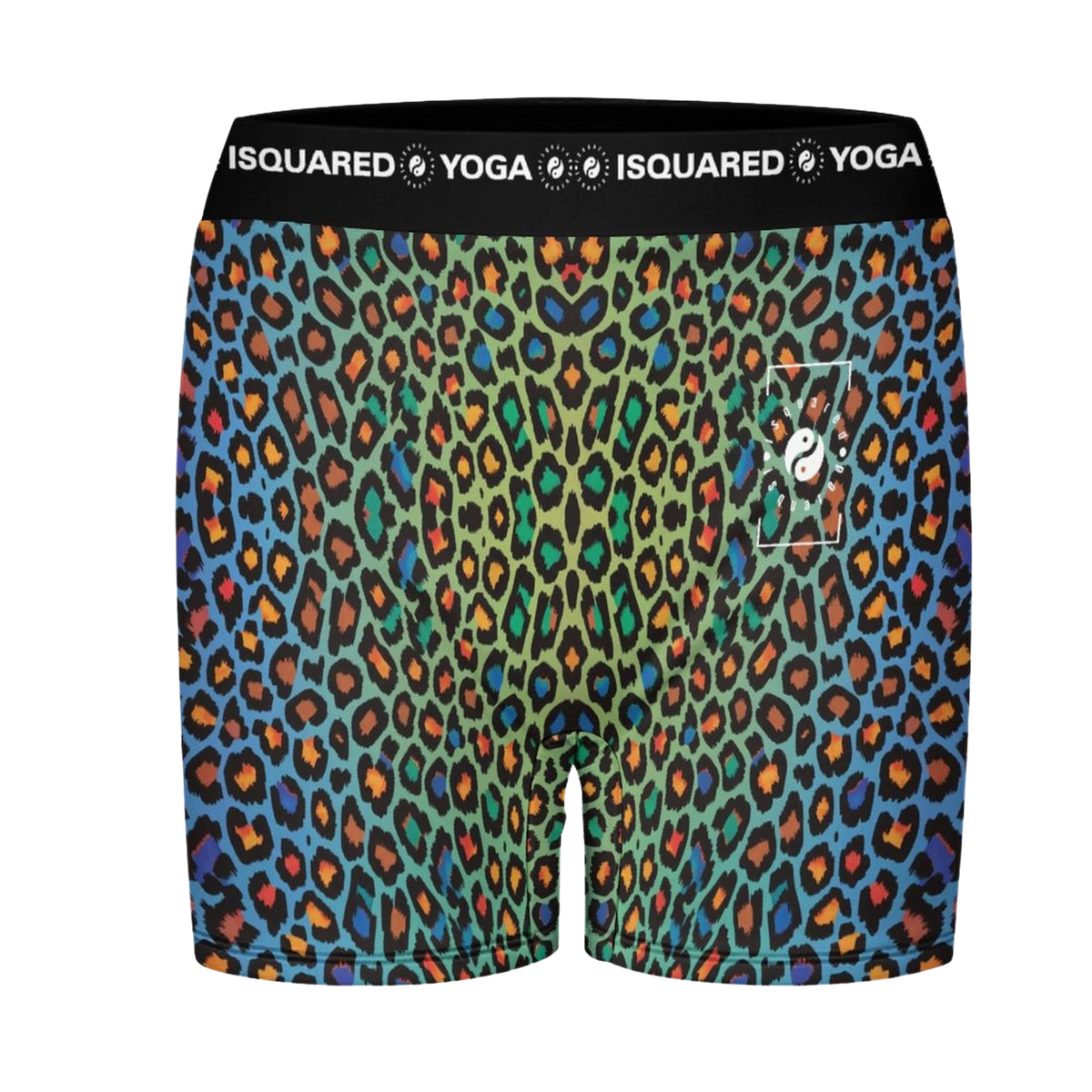 Unisex iSquared Yoga Shorts in vibrant multicolor leopard print, featuring a wide black waistband and a subtle logo.