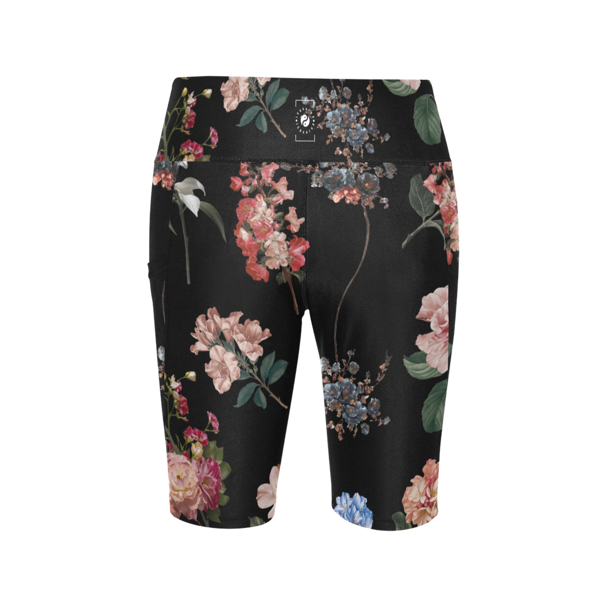 High-waisted biker shorts featuring a floral pattern on a black background, designed for comfort and movement.