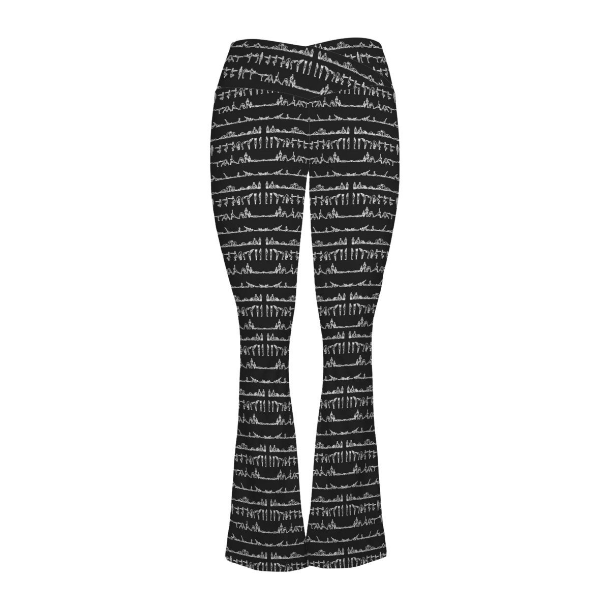Cross waisted flare leggings in black with a white repetitive yoga pose pattern, featuring a flattering silhouette.