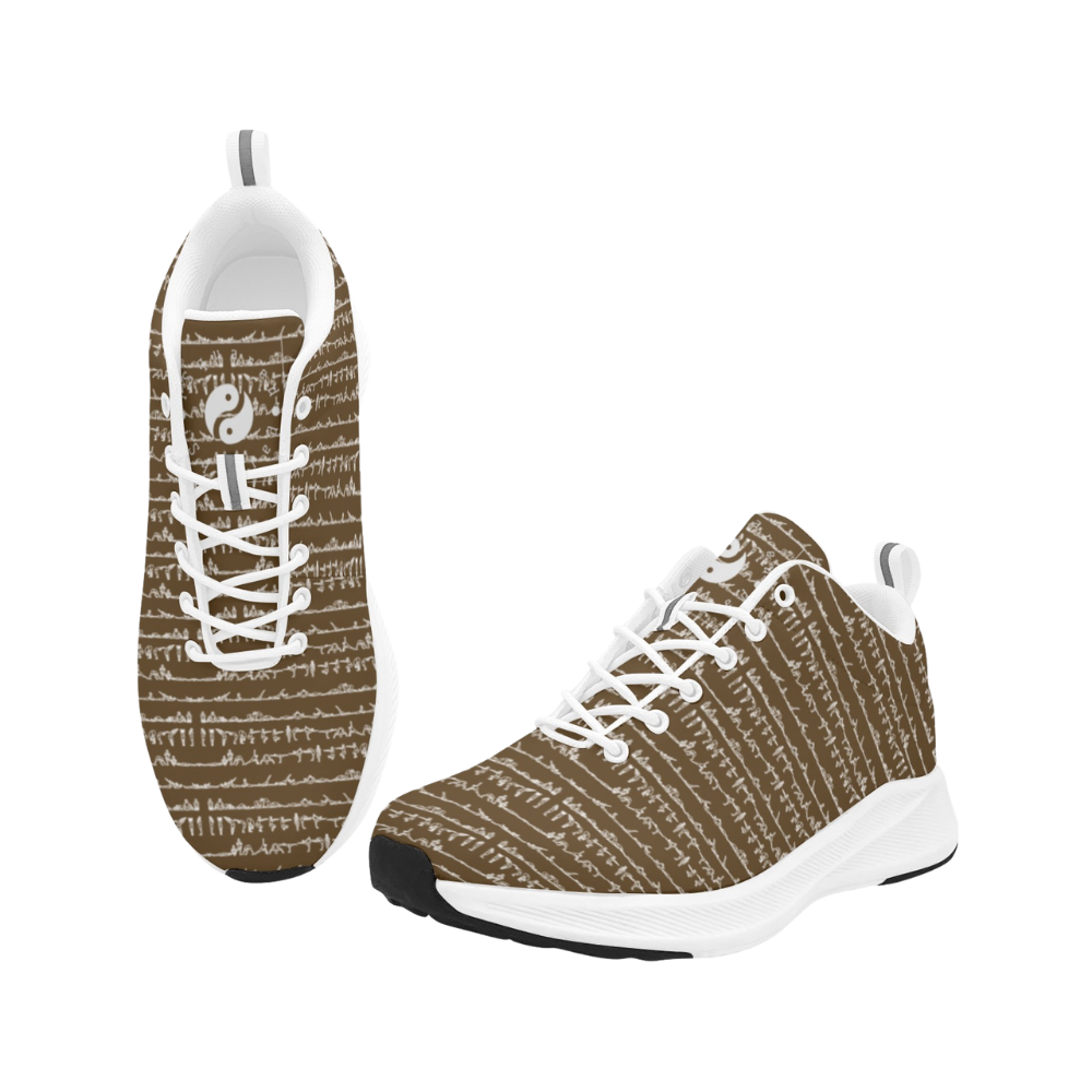 Bikram Ember iSquared Runners in brown with a white graphic pattern, featuring a breathable faux suede upper and white soles.