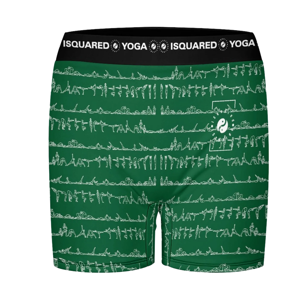 Green iSquared Yoga shorts featuring a white line art design of yoga poses, with a wide black waistband.
