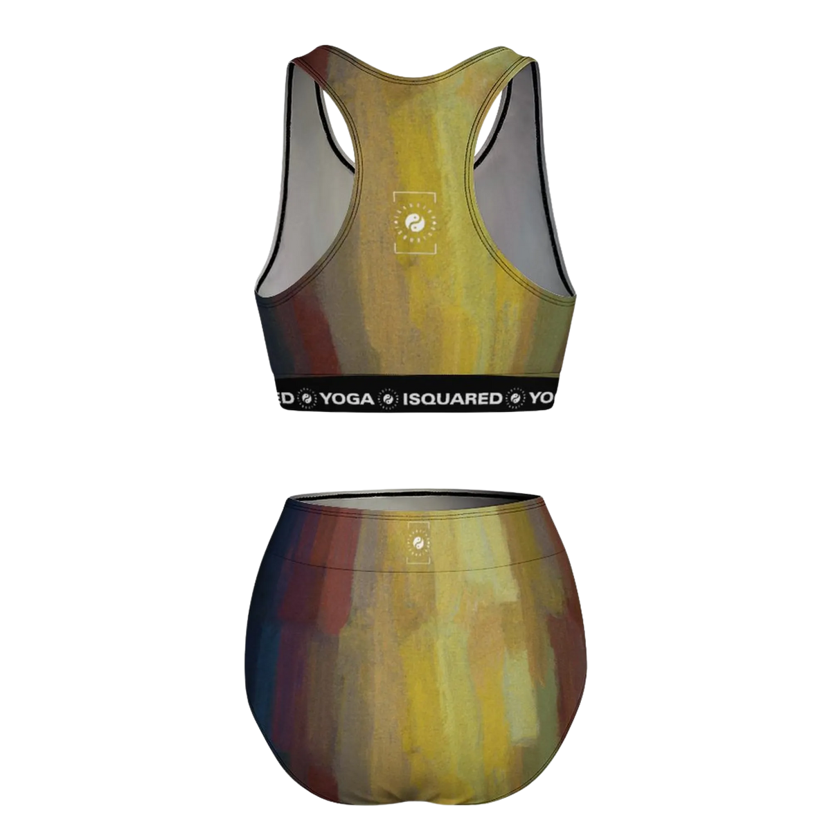 Hot Yoga Bikini Set featuring a colorful, abstract all-over print with a racerback design and supportive waistband.