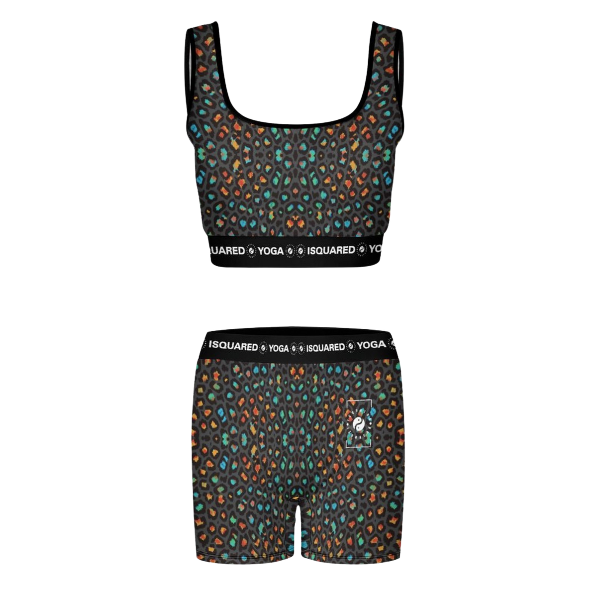 Black yoga set featuring a scoop-neck crop top and matching shorts with a vibrant, multicolored leopard print design.