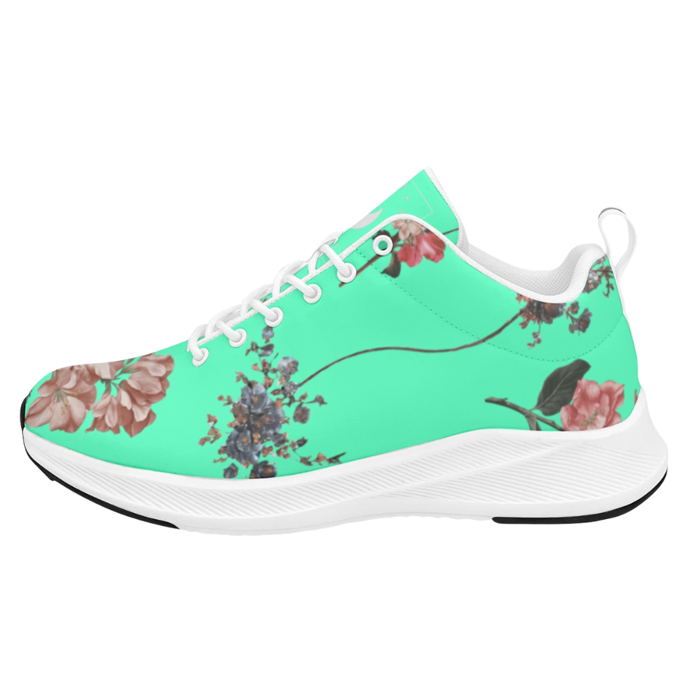 Vibrant turquoise running shoe with floral pattern, featuring a white sole and lace-up design.