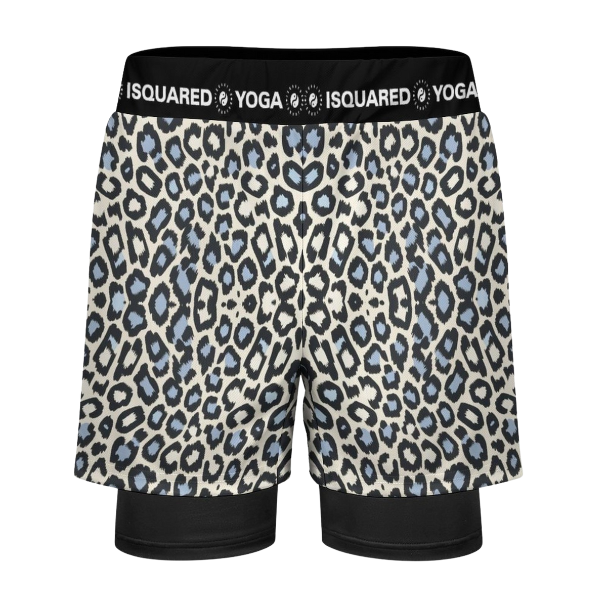 Compression yoga shorts in leopard print with blue accents and black underlayer. Features elastic waistband and breathable design.