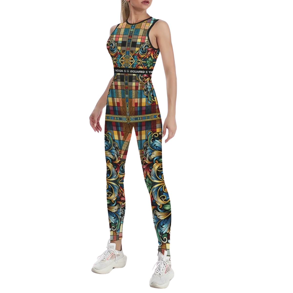 Sleeveless patterned jumpsuit featuring a colorful plaid design with floral accents, worn with white sneakers.