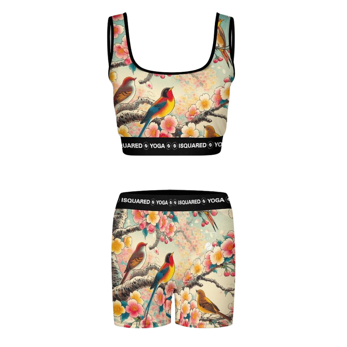 Colorful iSquared Yoga Set featuring an all-over floral and bird print, composed of a sporty crop top and matching shorts.