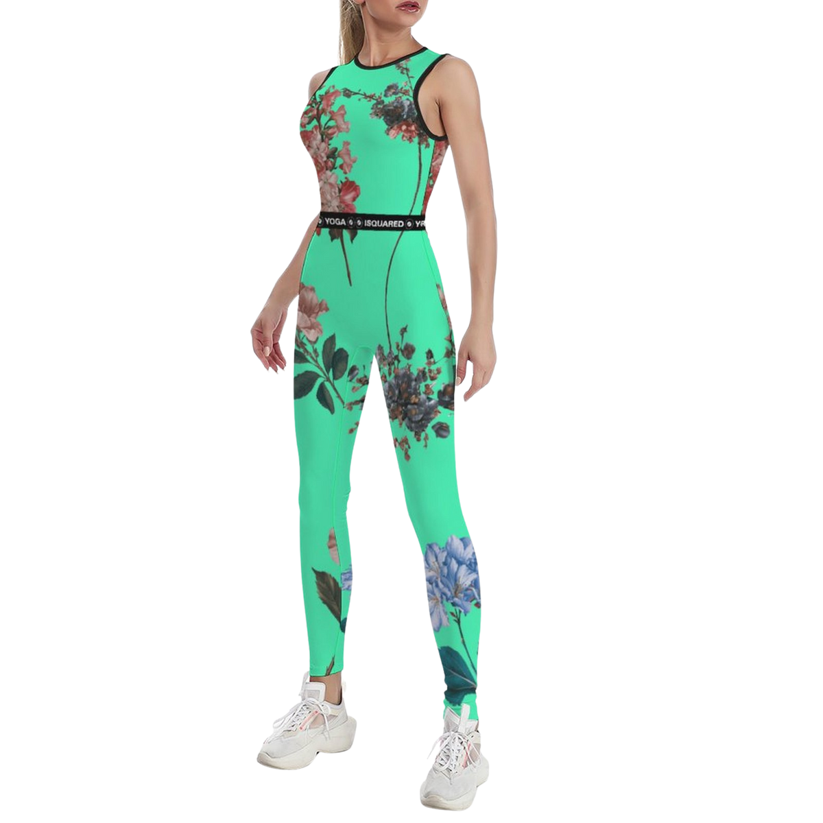 Sleeveless green jumpsuit with floral prints, fitted design, and a waistband logo, styled for yoga or casual wear.