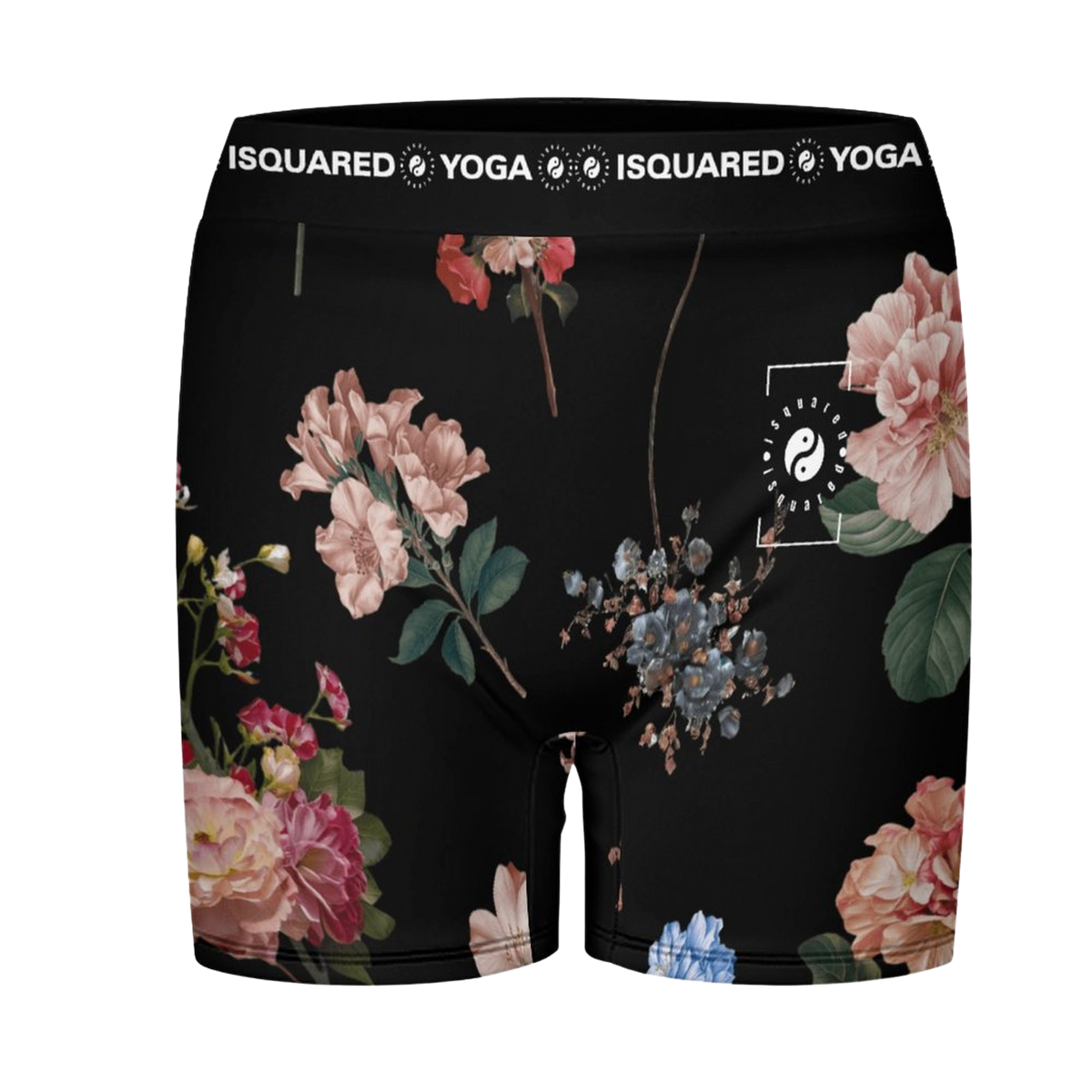 Botanicals iSquared Yoga Shorts in black adorned with vibrant floral prints, featuring a wide elastic waistband for comfort.