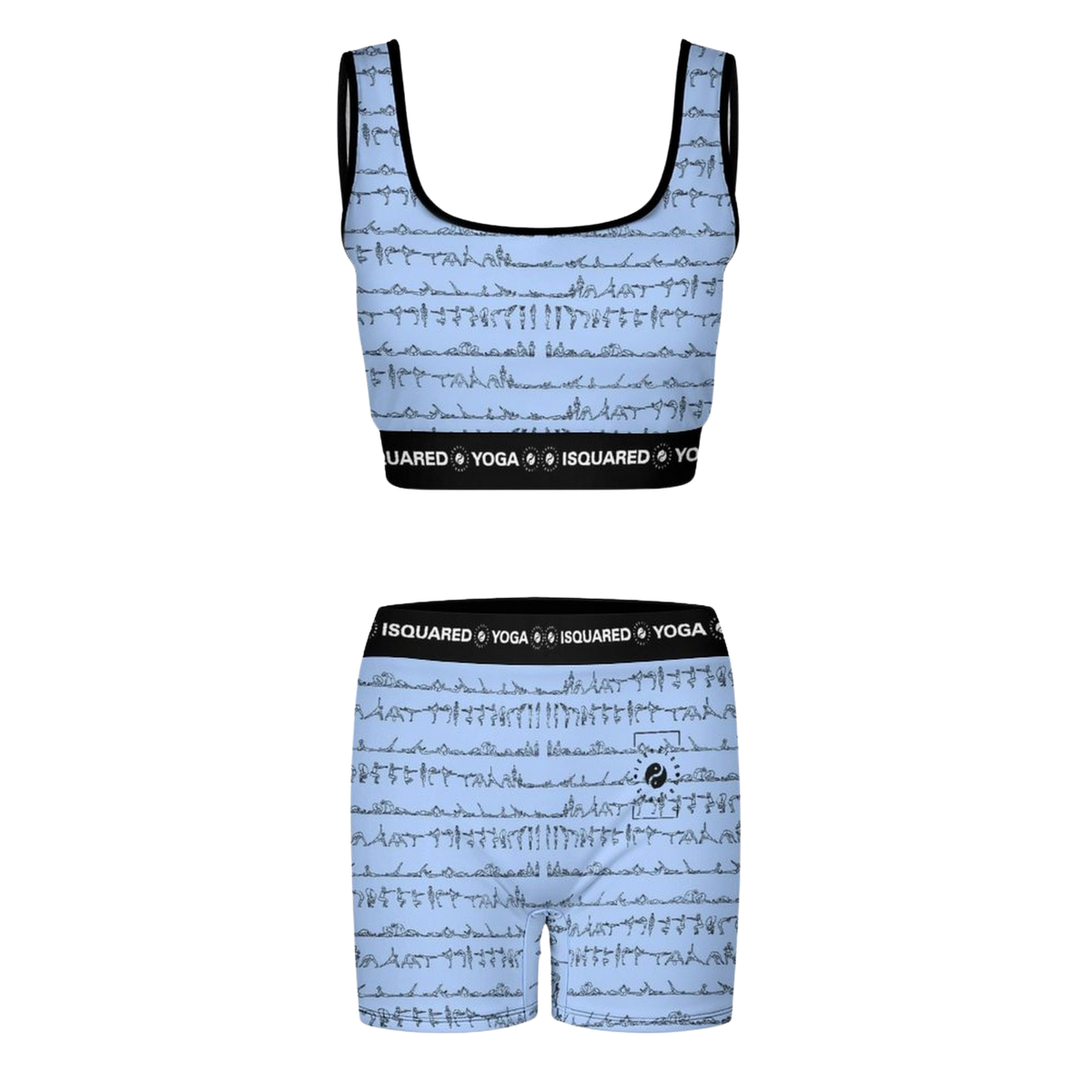 Light blue yoga set featuring a cropped top and shorts, both adorned with silhouettes of yoga poses and a black band with 'iSquared Yoga' branding.