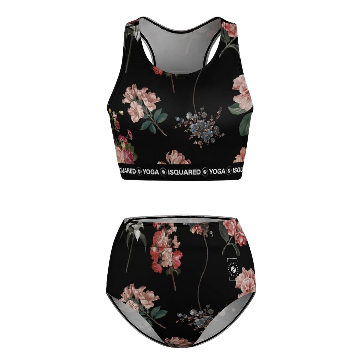 Black bikini set featuring floral print with pink and blue flowers, high-waisted bottoms, and a sporty crop top design.