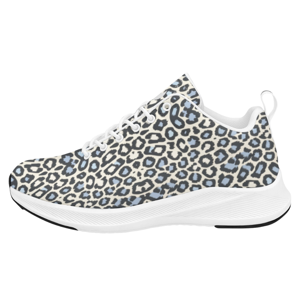 Breathable sneakers featuring a blue and black leopard print design with white sole and laces.