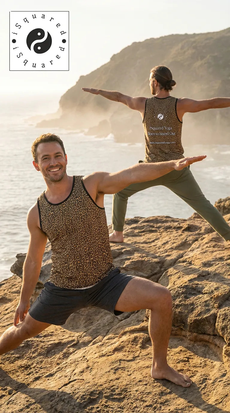 Wild Leopards iSquared Tank Top featuring a classic leopard print in golden and black. Model poses in workout attire.