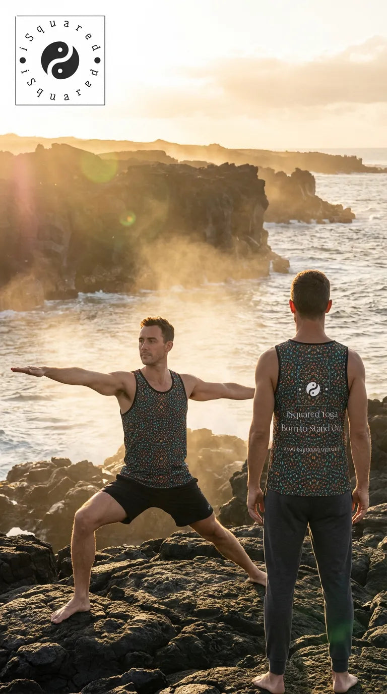 Two models showcase the Wild Leopards iSquared Tank Top, featuring vibrant leopard print in earthy tones, worn with shorts and joggers.