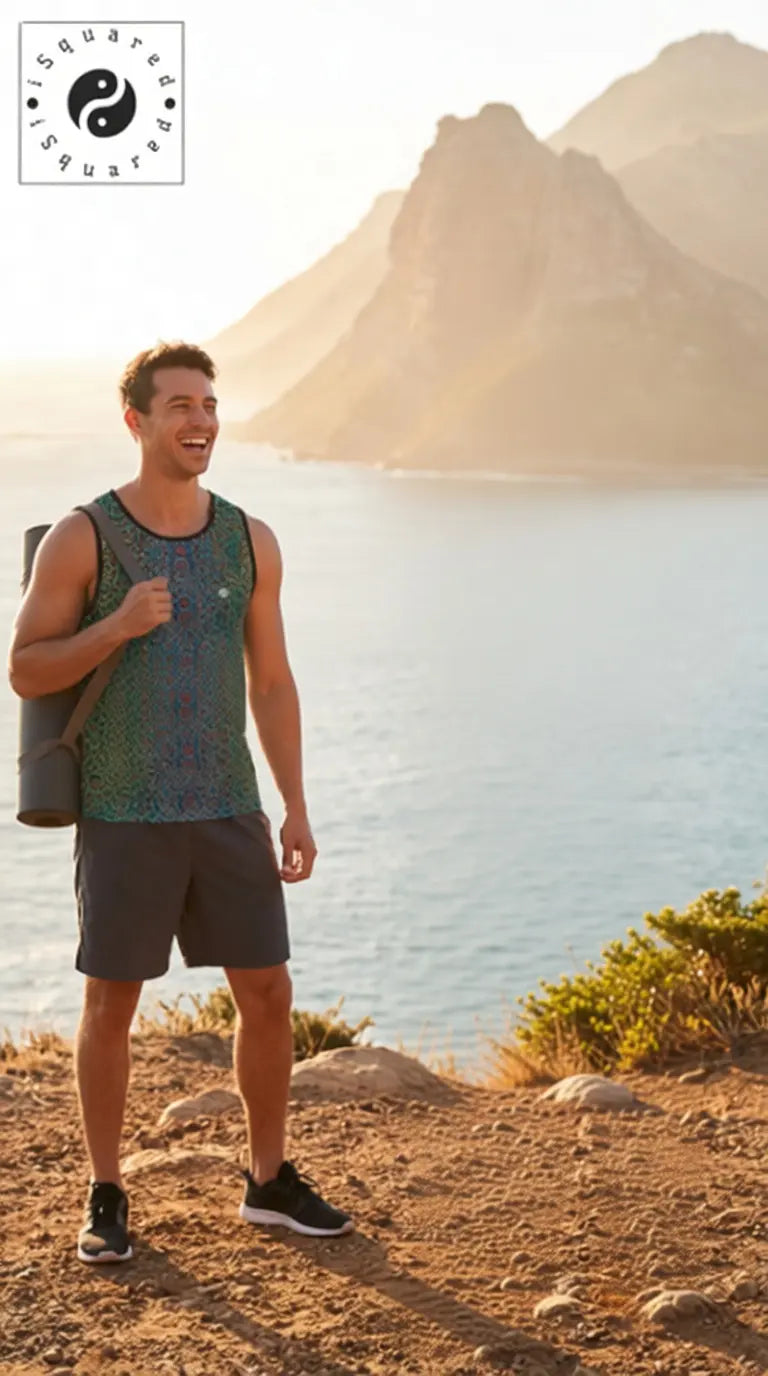 Colorful tank top featuring a wild leopard print, worn by a man carrying a yoga mat, standing outdoors with mountains in the background.