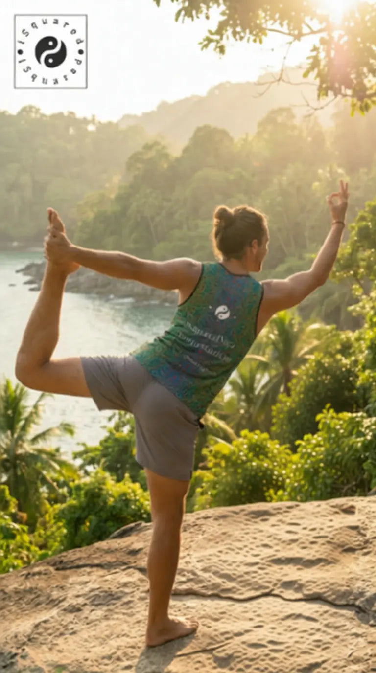 Tank top features a colorful wild leopard print, worn by a man in a yoga pose outdoors against a tropical background.