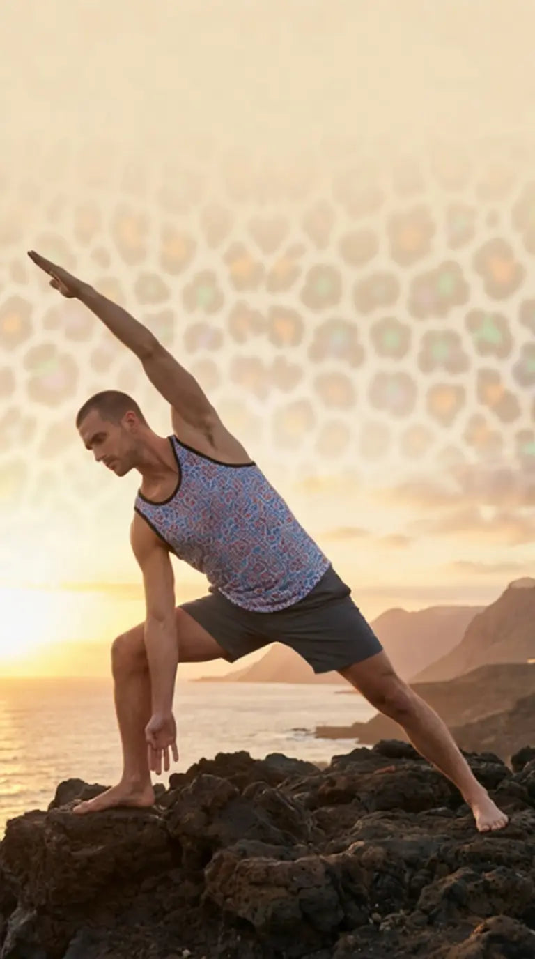 Male model wearing an iSquared Tank Top with a colorful leopard print, practicing yoga on rocky terrain at sunset.