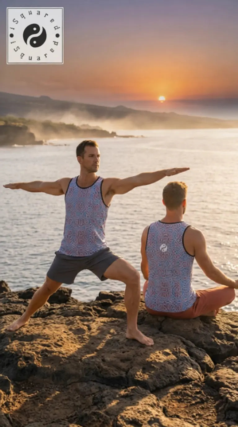 Sleeveless tank top with a wild leopard pattern in blue and pink; model poses in warrior yoga position by the ocean.