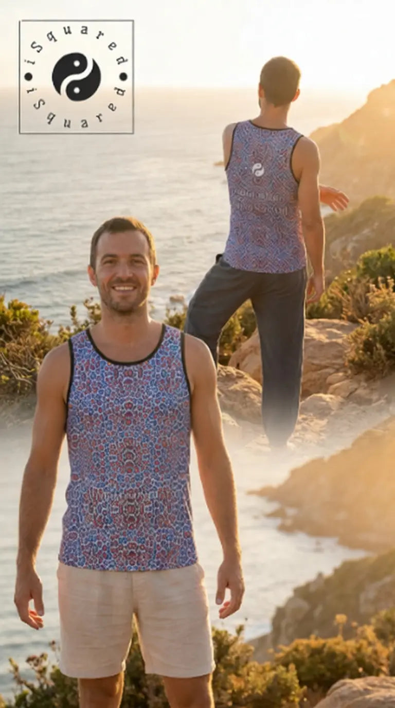 Tank top featuring a vibrant wild leopard pattern in blue and pink hues, worn by a smiling model with light shorts.
